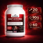 Post Gym Pro recovery supplement by M Strong, 20 servings, 90g per serving, with 60-day satisfaction guarantee.
