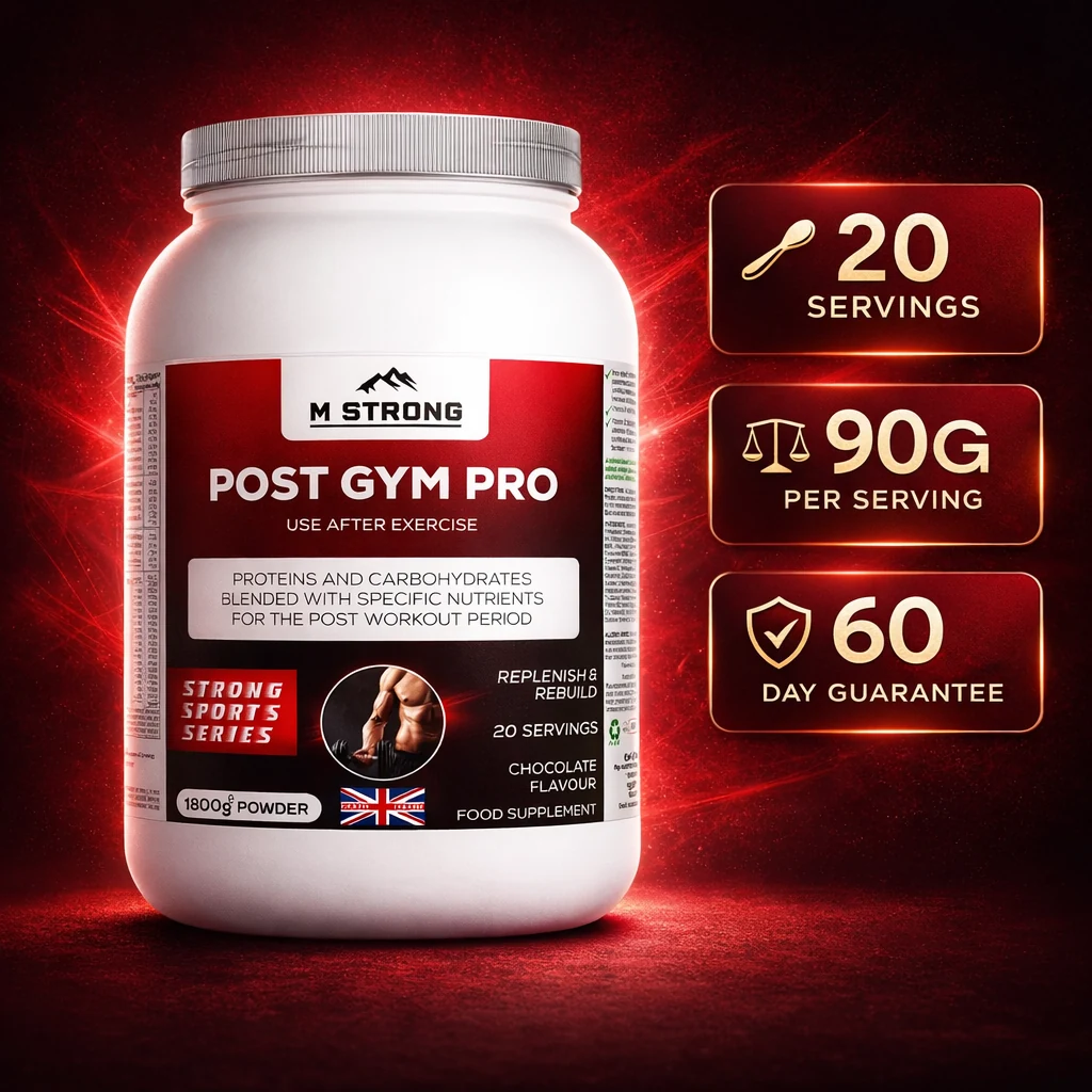 Post Gym Pro recovery supplement by M Strong, 20 servings, 90g per serving, with 60-day satisfaction guarantee.