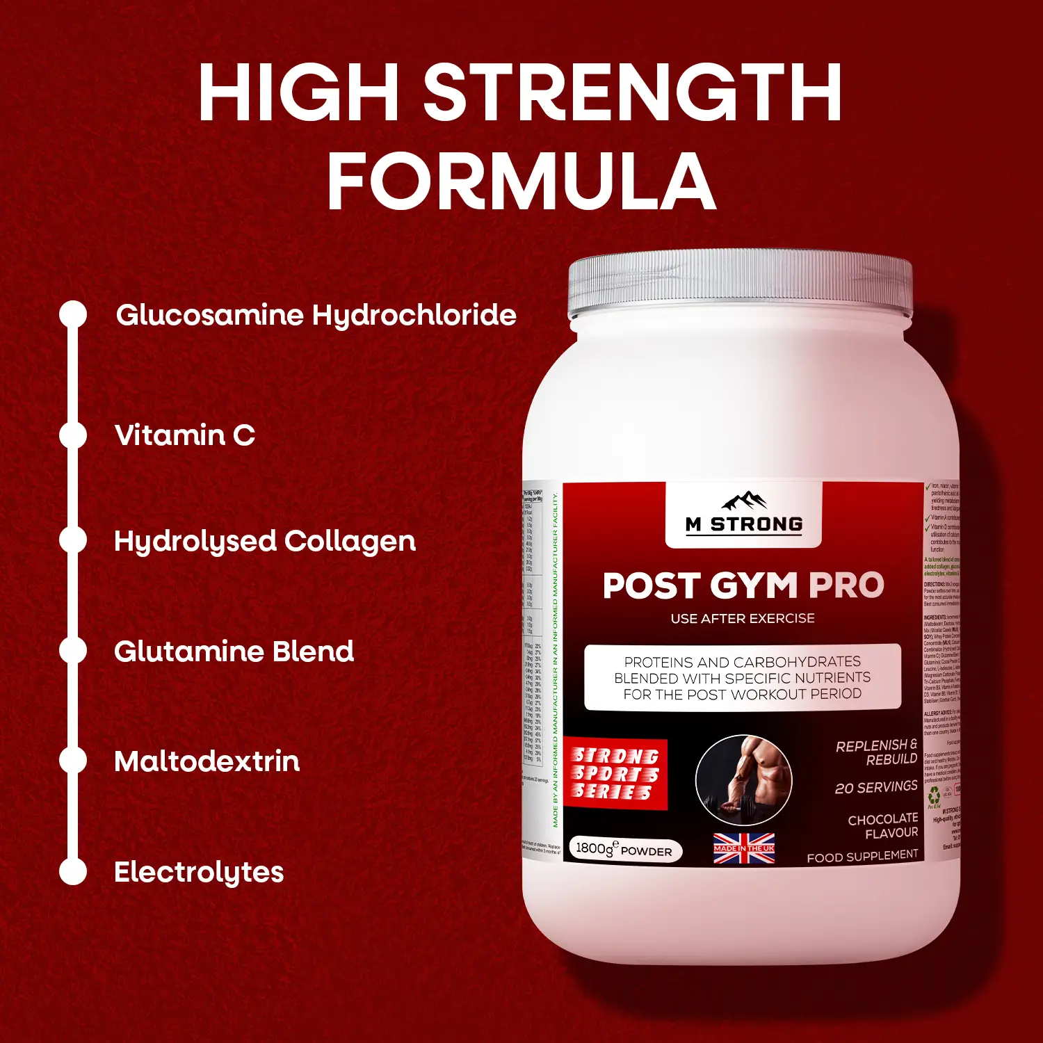 Post Gym Pro from M Strong with creatine, glucosamine, collagen electrolytes, casein protein, isolate protein.