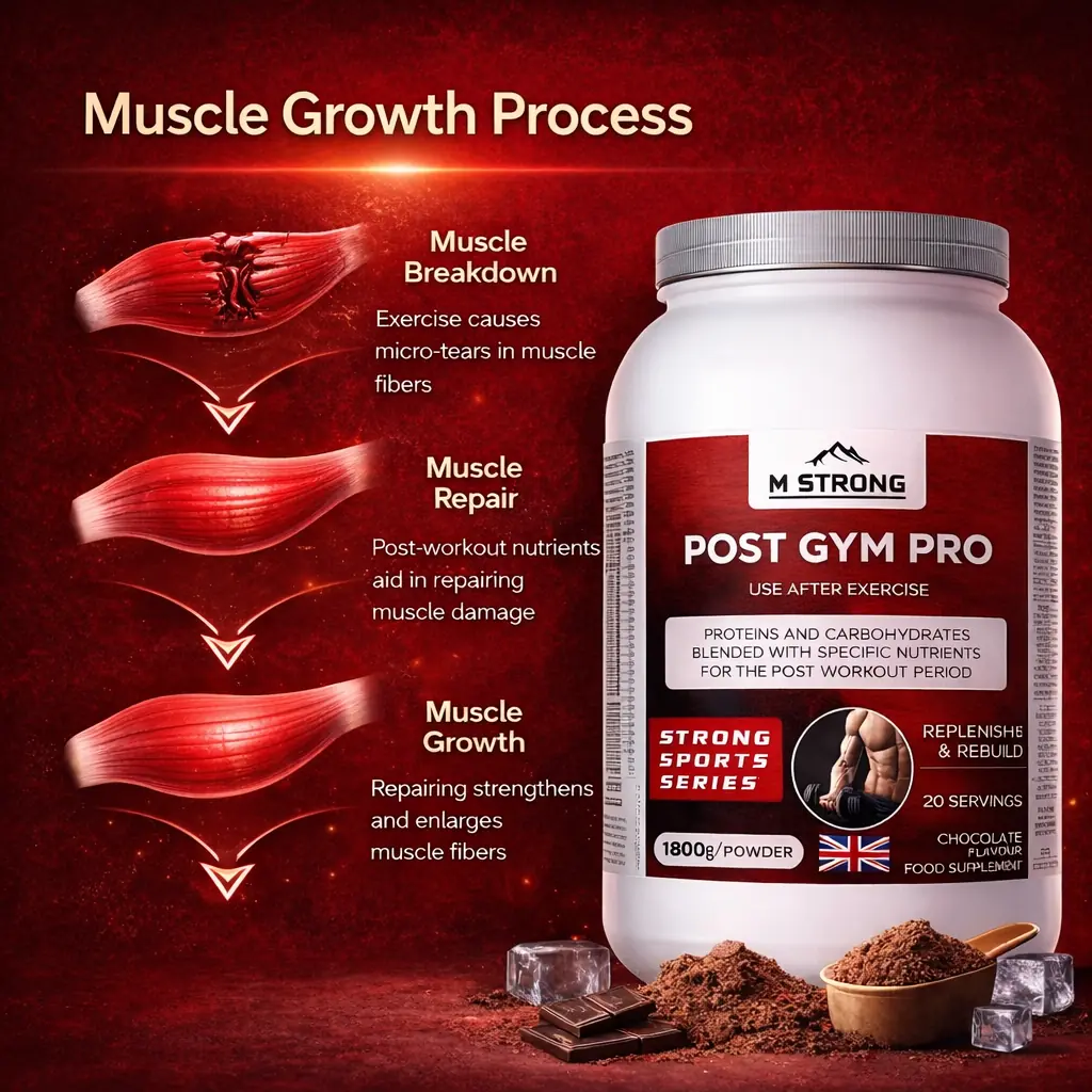 Post Gym Pro supplement supporting muscle growth: figure recovering after workout, arrows showing protein absorption, muscle repair, and strength gain.