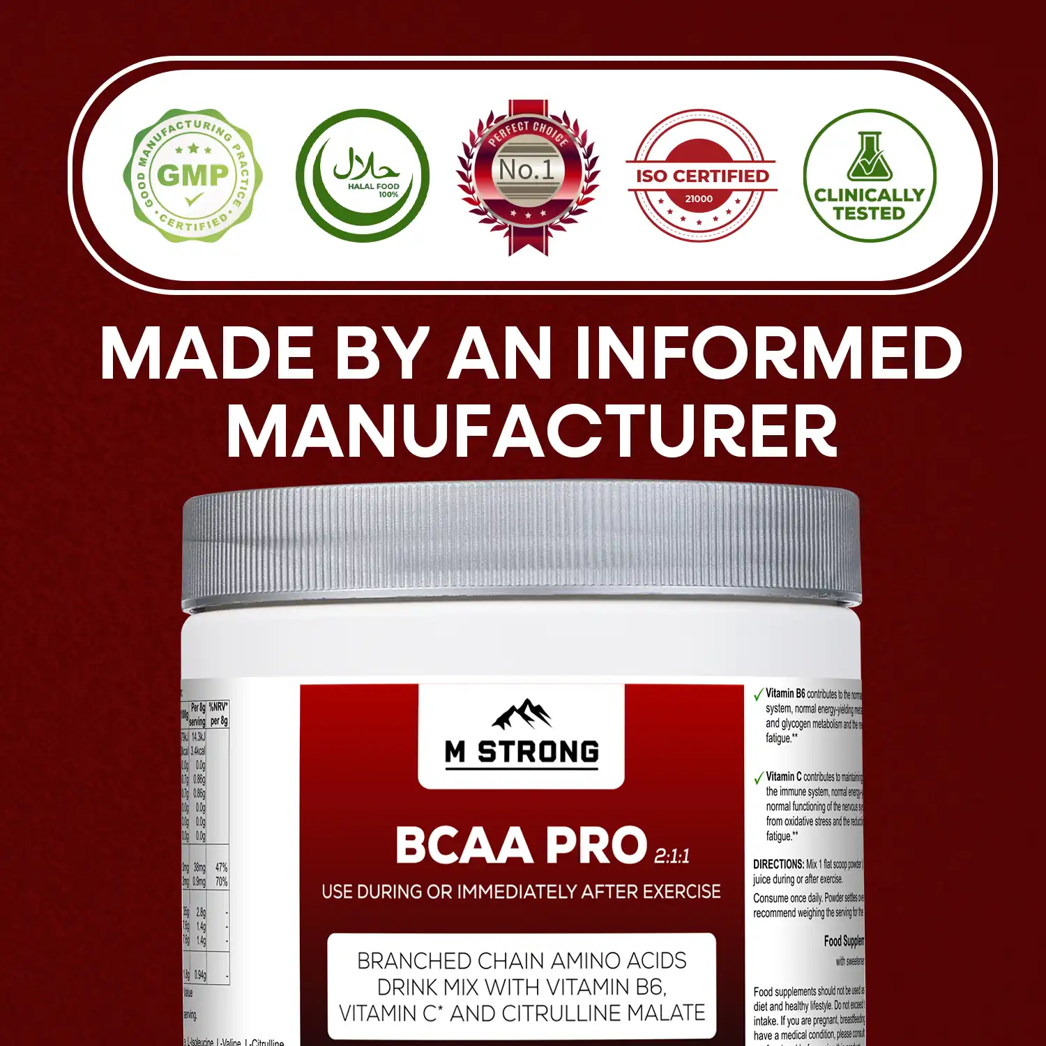 M STRONG BCAA PRO gmp, kosher, halal made by an informed manufacturer