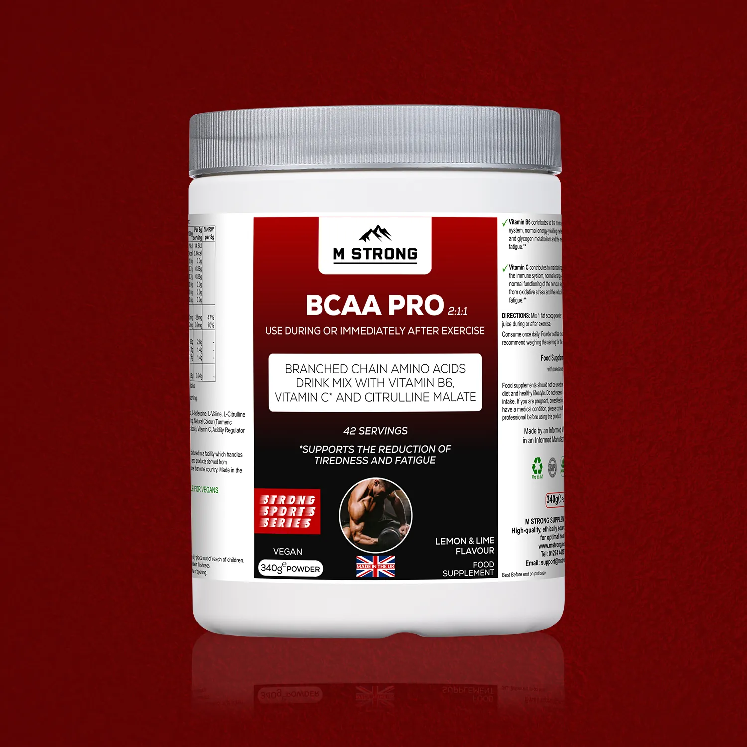M Strong BCAA Pro amino acid supplement with added vitamin B6 and vitamin C, sports-accredited, doping tested, halal, made in the UK