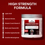 m-strong-extreme-pump-pro-benefits.web M STRONG Extreme Pump Pro pre-workout supplement benefits graphic showing high strength formula with beetroot nitrate, creatine monohydrate, creatine hydrochloride, vitamins C and E, biotin and vitamin B12