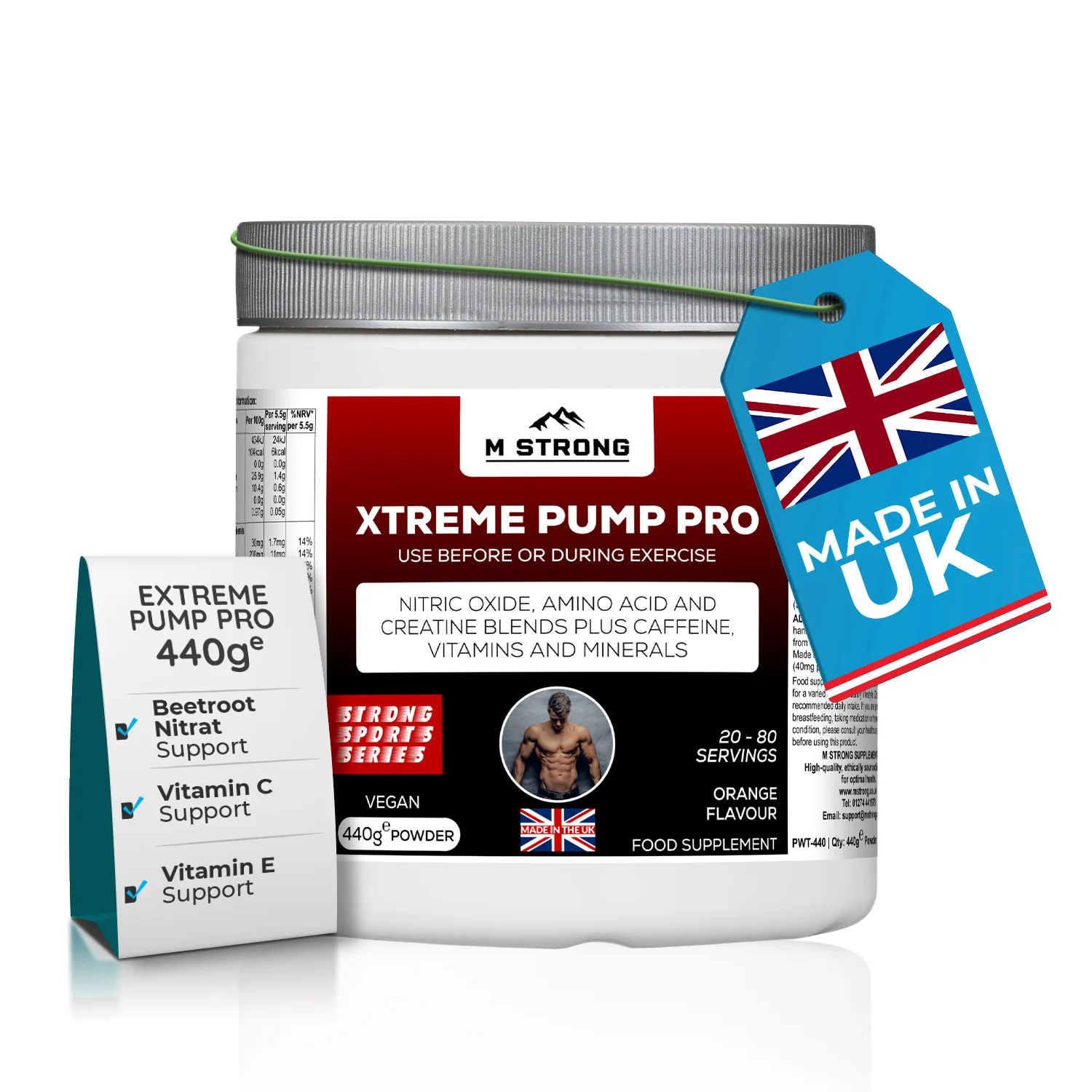 m-strong-extreme-pump-pro-made-in-uk (1) M STRONG pre-workout supplement made in the UK, 440 g powder with beetroot nitrate, vitamin C and vitamin E