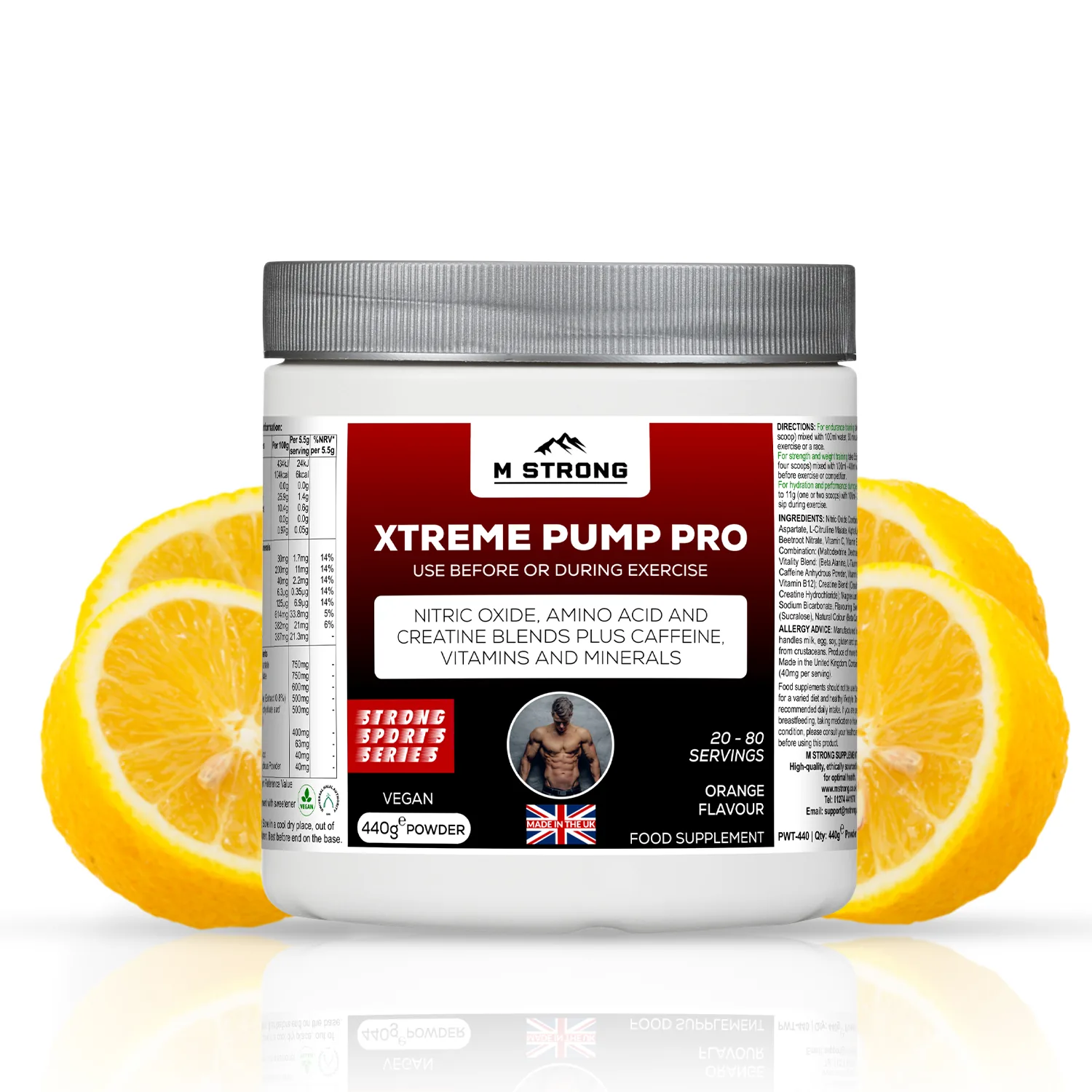 m-strong-extreme-pump-pro-orange.web M STRONG Xtreme Pump Pro pre-workout powder, orange flavour, vegan nitric oxide and creatine blend, made in UK