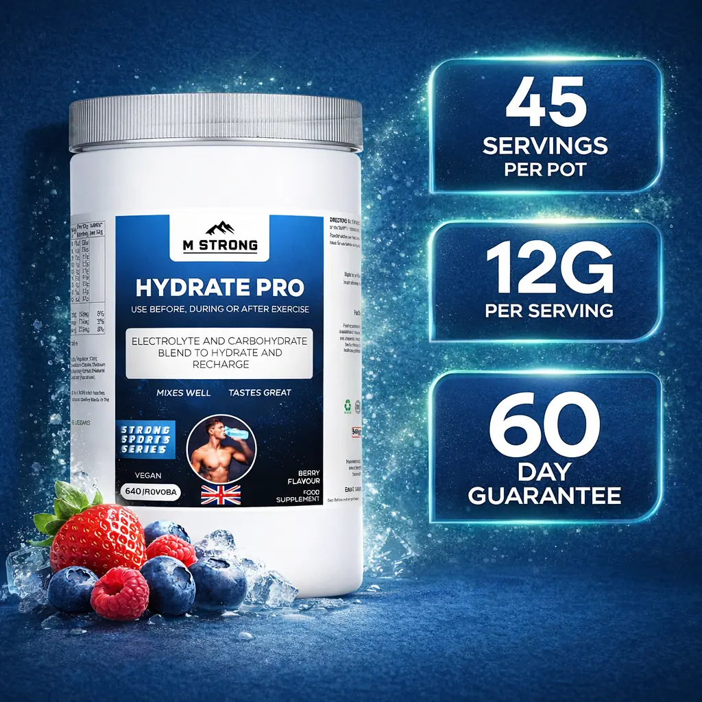 m-strong-hydrate-pro-45servings.webp HYDRATE PRO sports hydration supplement with 45 servings, produced in an Informed Sports accredited facility.