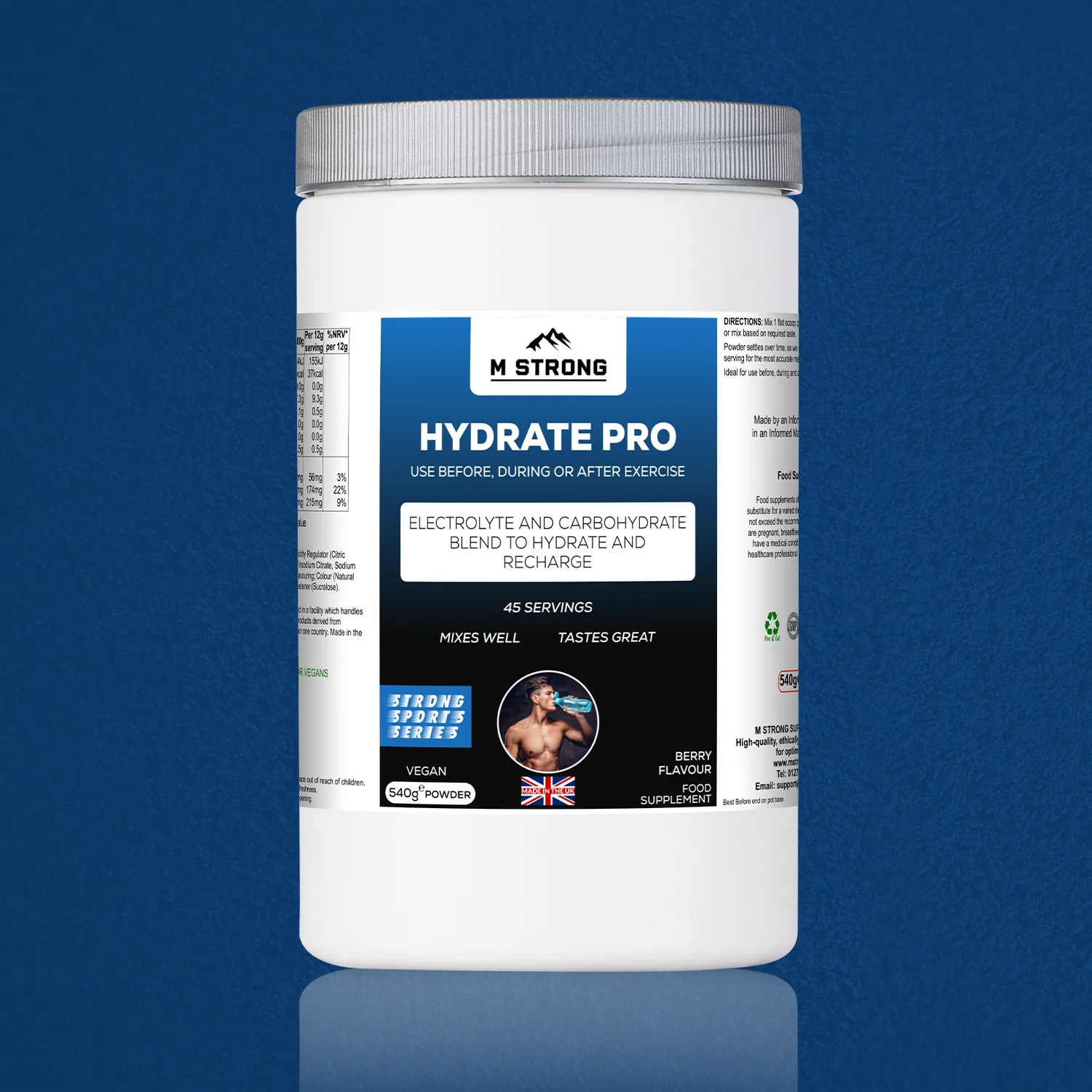 m-strong-hydrate-pro-hero-540g (1) M Strong Hydrate Pro supplement hero image, advanced hydration formula, manufactured in a sports-accredited facility, doping tested, halal certified, and made in the UK