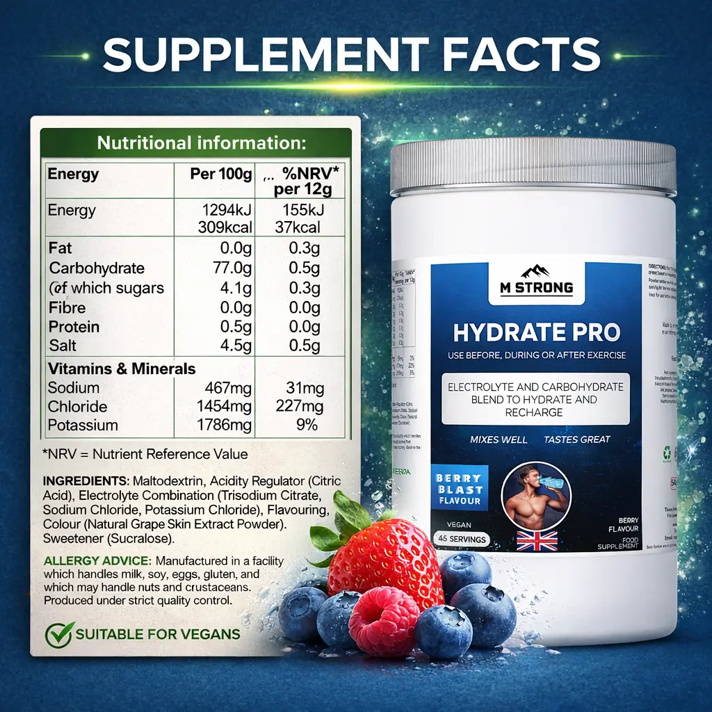 m-strong-hydrate-pro-ingredients.webp HYDRATE PRO 45 servings hydration supplement with clear product label and details.