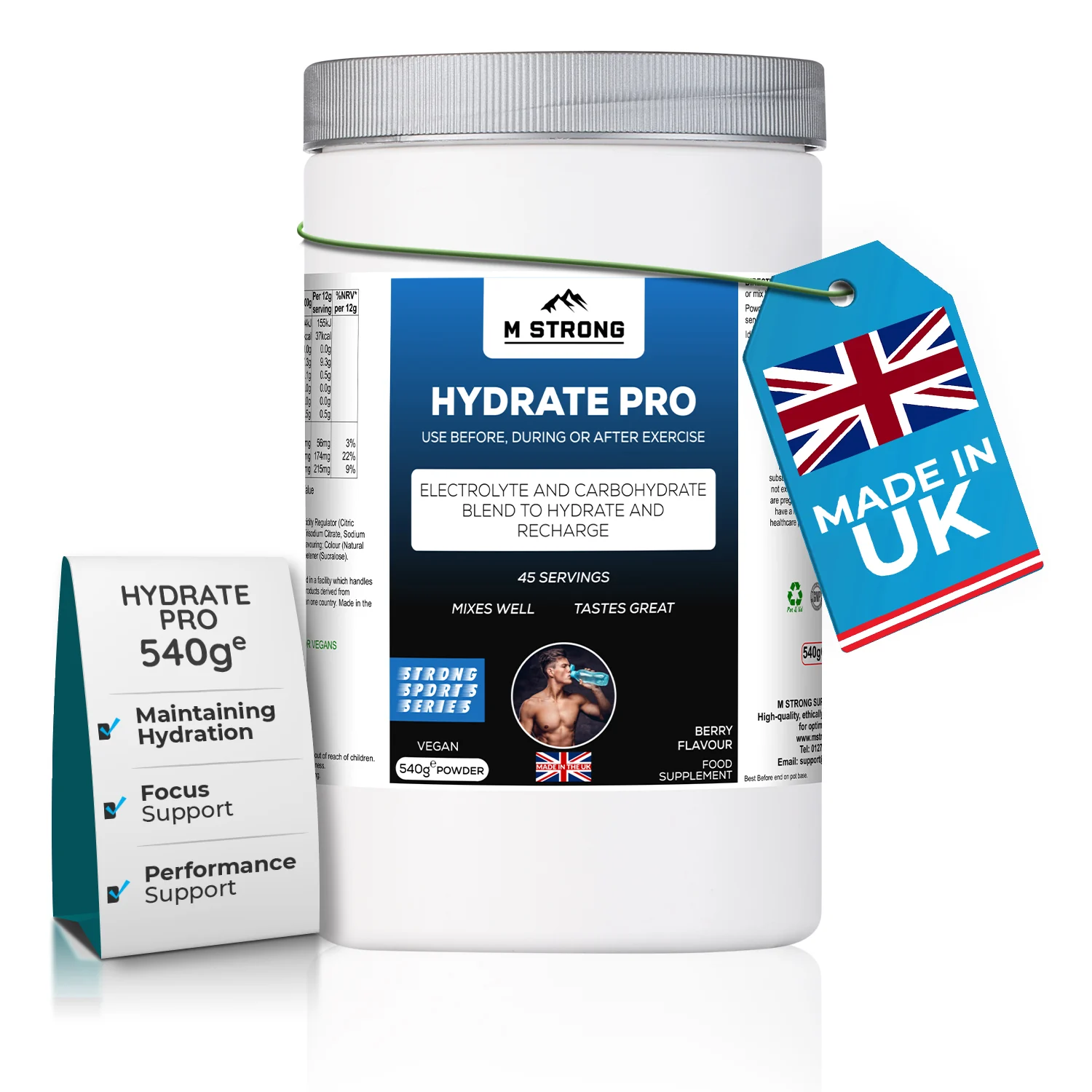m-strong-hydrate-pro-made-in-uk (1) HYDRATE PRO hydration supplement with 45 servings, made in the UK, supporting electrolyte balance and hydration performance.