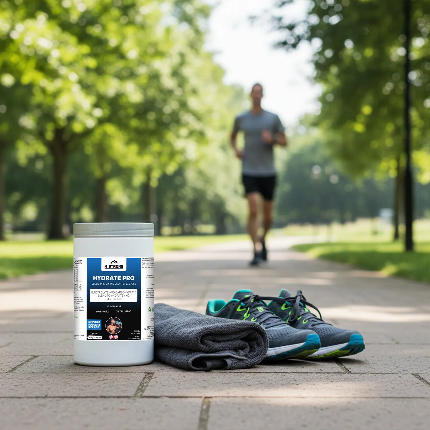 m-strong-hydrate-pro-runner (1) M STRONG HYDRATE PRO showing person running in the park