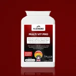 M Strong Multi Vit Pro supplement hero image with 1 billion probiotics, advanced multivitamin formula, manufactured in a sports-accredited facility, doping tested, halal certified, and made in the UK