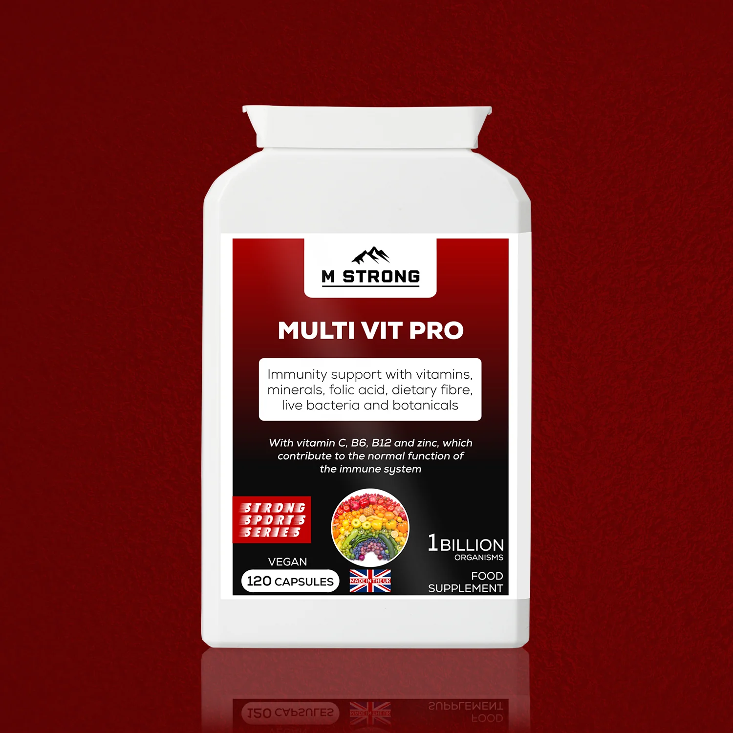 M Strong Multi Vit Pro supplement hero image with 1 billion probiotics, advanced multivitamin formula, manufactured in a sports-accredited facility, doping tested, halal certified, and made in the UK