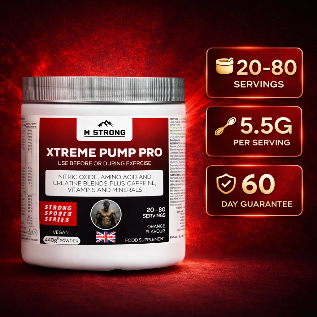 m-strong-xtreme-pump-pro-80-servings.webp Xtreme Pump Pro supplement by M Strong, 80 servings, 5.5g per serving, designed to support muscle pump, focus, and workout performance.