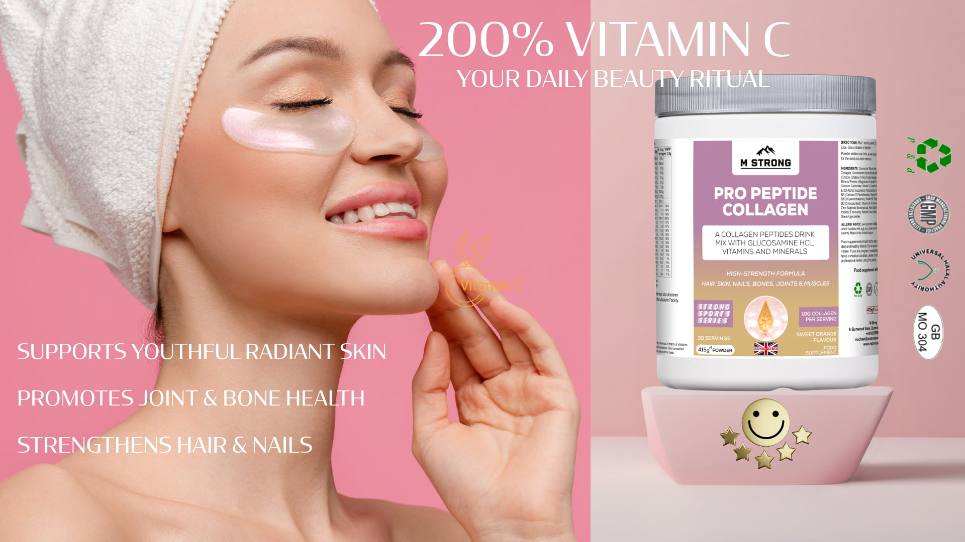 poster displaying rounded pot with pro peptide collagen and smooth women face