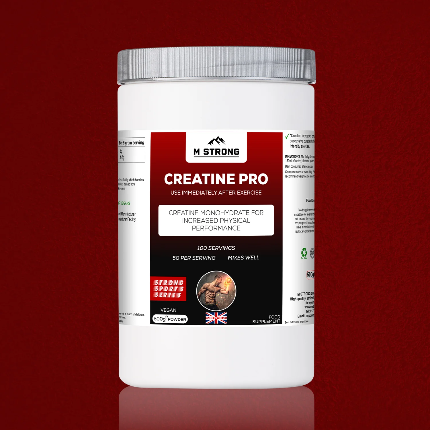 M Strong Creatine Monohydrate Pro supplement hero image, premium creatine powder in a tub, GMP-manufactured, halal certified, and made in the UK