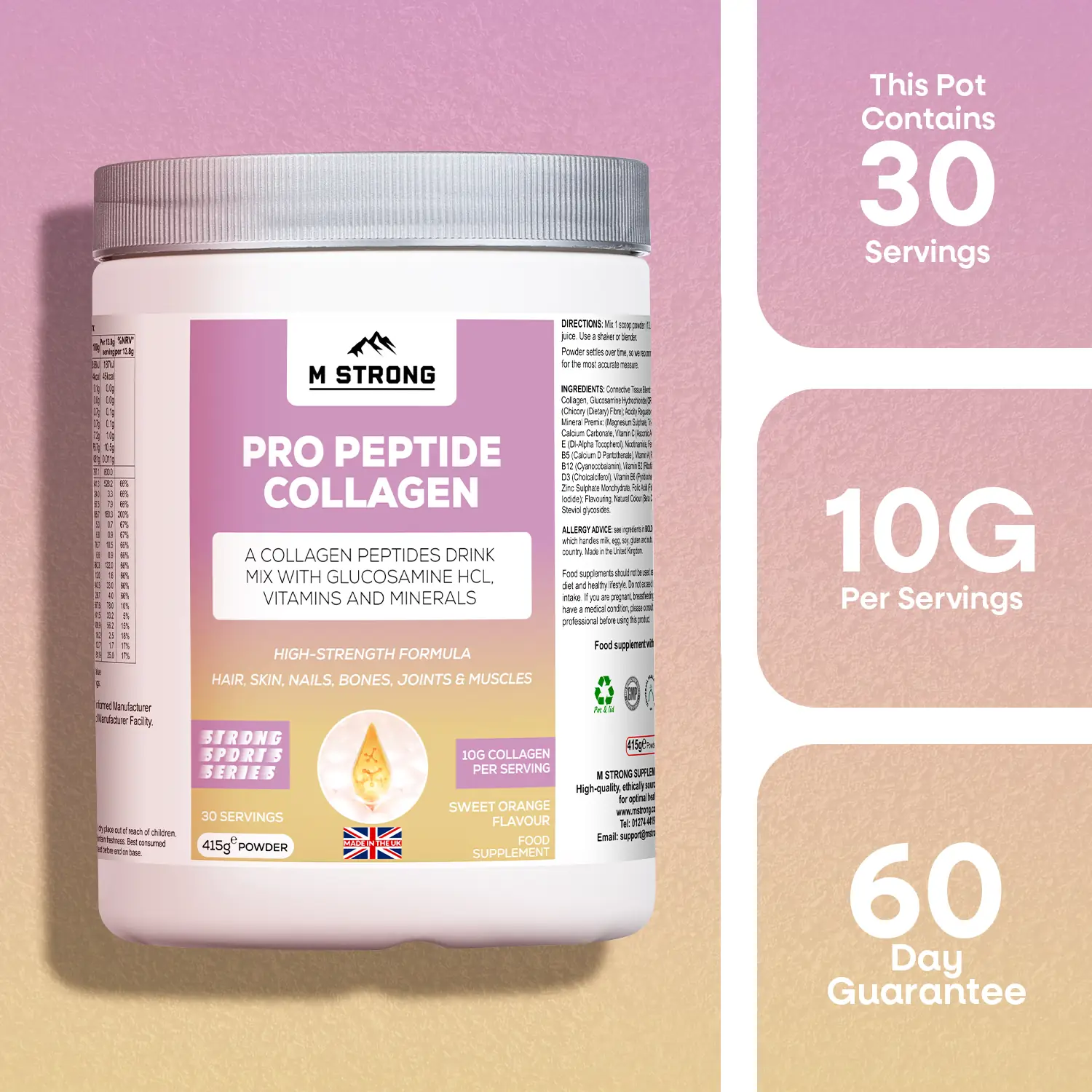 m-strong-pro-peptide-collagen (3) M Strong Pro Peptide Collagen supplement with supplement facts panel and product tub, 30 servings, 10g collagen per serving, 415g powder, made in the UK, GMP-manufactured