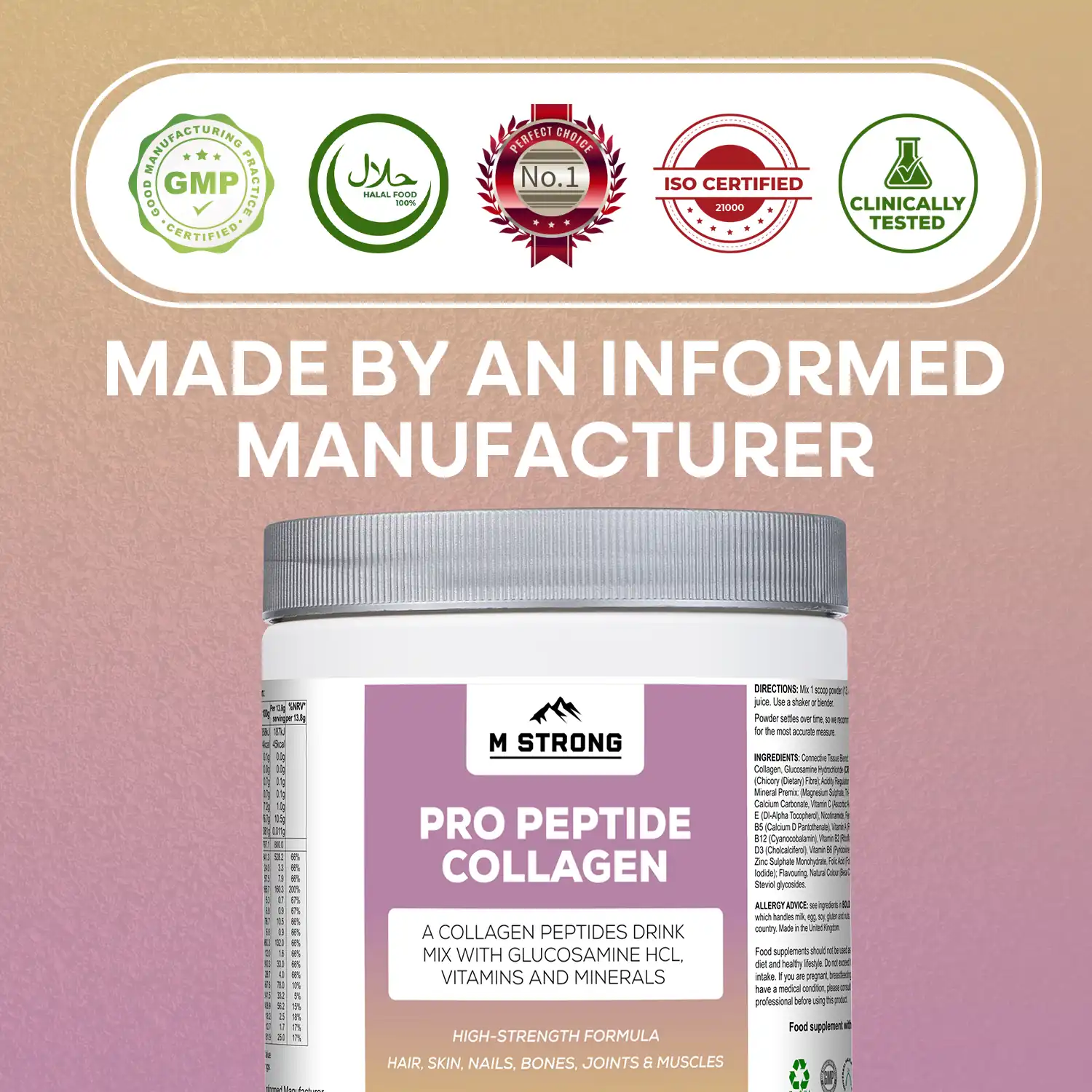 m-strong-pro-peptide-collagen-gmp-halal (1) M Strong Pro Peptide Collagen supplement pot with GMP, Halal, and ISO certification badges.