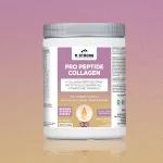 M Strong Pro Peptide Collagen supplement hero image, orange flavour, premium collagen powder in a tub, GMP-manufactured and made in the UK.