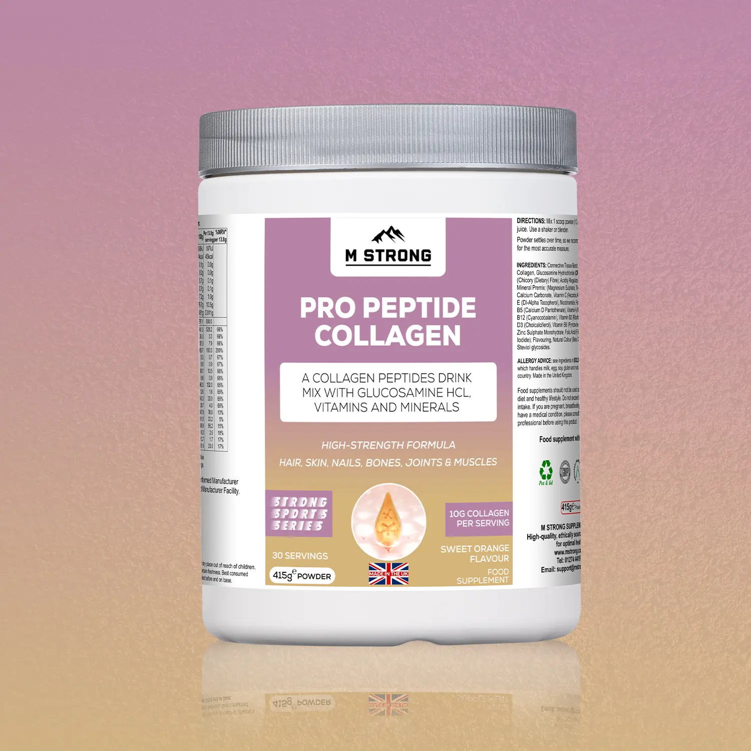 m-strong-pro-peptide-collagen-hero-415 (1) M Strong Pro Peptide Collagen supplement hero image, orange flavour, premium collagen powder in a tub, GMP-manufactured and made in the UK.