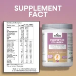 m-strong-pro-peptide-collagen-ingredients (1) M Strong Pro Peptide Collagen supplement with supplement facts panel and product tub, 30 servings, 10g collagen per serving, 415g powder, made in the UK, GMP-manufactured