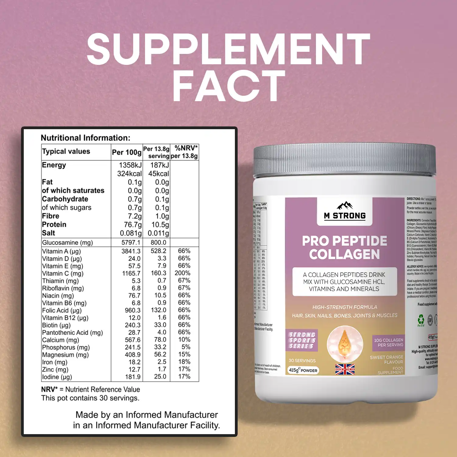 m-strong-pro-peptide-collagen-ingredients (1) M Strong Pro Peptide Collagen supplement with supplement facts panel and product tub, 30 servings, 10g collagen per serving, 415g powder, made in the UK, GMP-manufactured