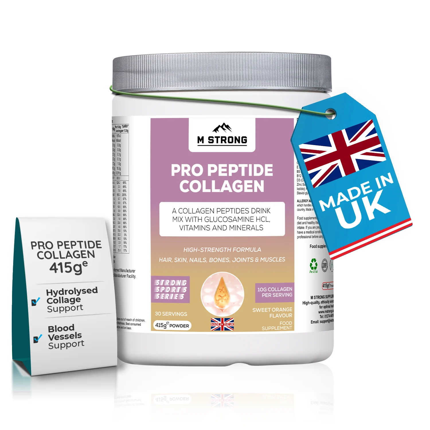 m-strong-pro-peptide-collagen-made-in-uk (1) M Strong Pro Peptide Collagen supplement, made in the UK, 415g total weight, GMP-manufactured premium collagen formula