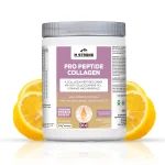 m-strong-pro-peptide-collagen-orange (1) M Strong Pro Peptide Collagen orange flavour supplement pot with GMP, Halal, and ISO certification badges.