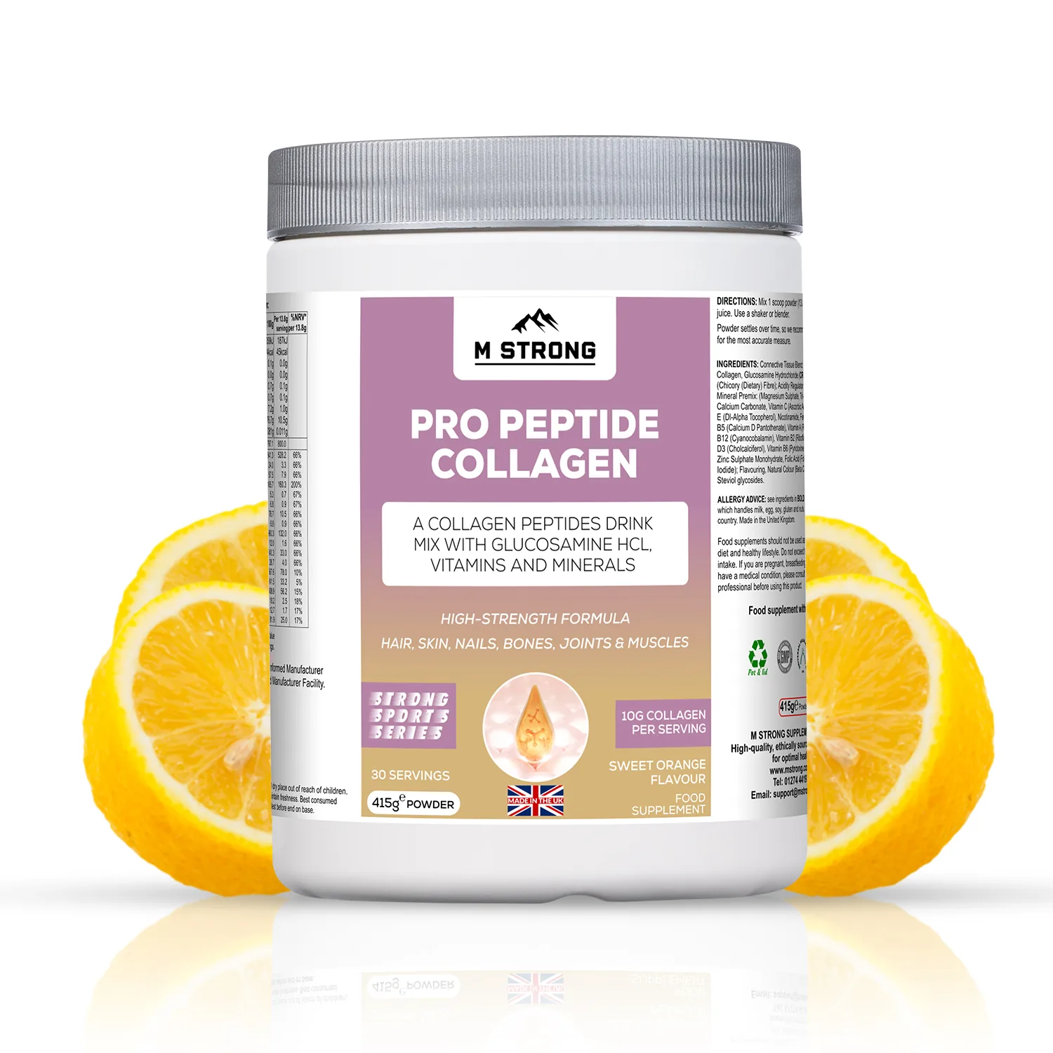 m-strong-pro-peptide-collagen-orange (1) M Strong Pro Peptide Collagen orange flavour supplement pot with GMP, Halal, and ISO certification badges.