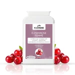 M STRONG D-Mannose Femme supplement bottle surrounded by fresh cranberries, showcasing a UK-made vegan formula for women’s urinary tract and bladder health.