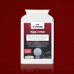 M Strong Mag 3 Pro supplement hero image, triple-form magnesium with zinc and vitamin B6 in a pot, GMP-manufactured, halal certified, made in the UK