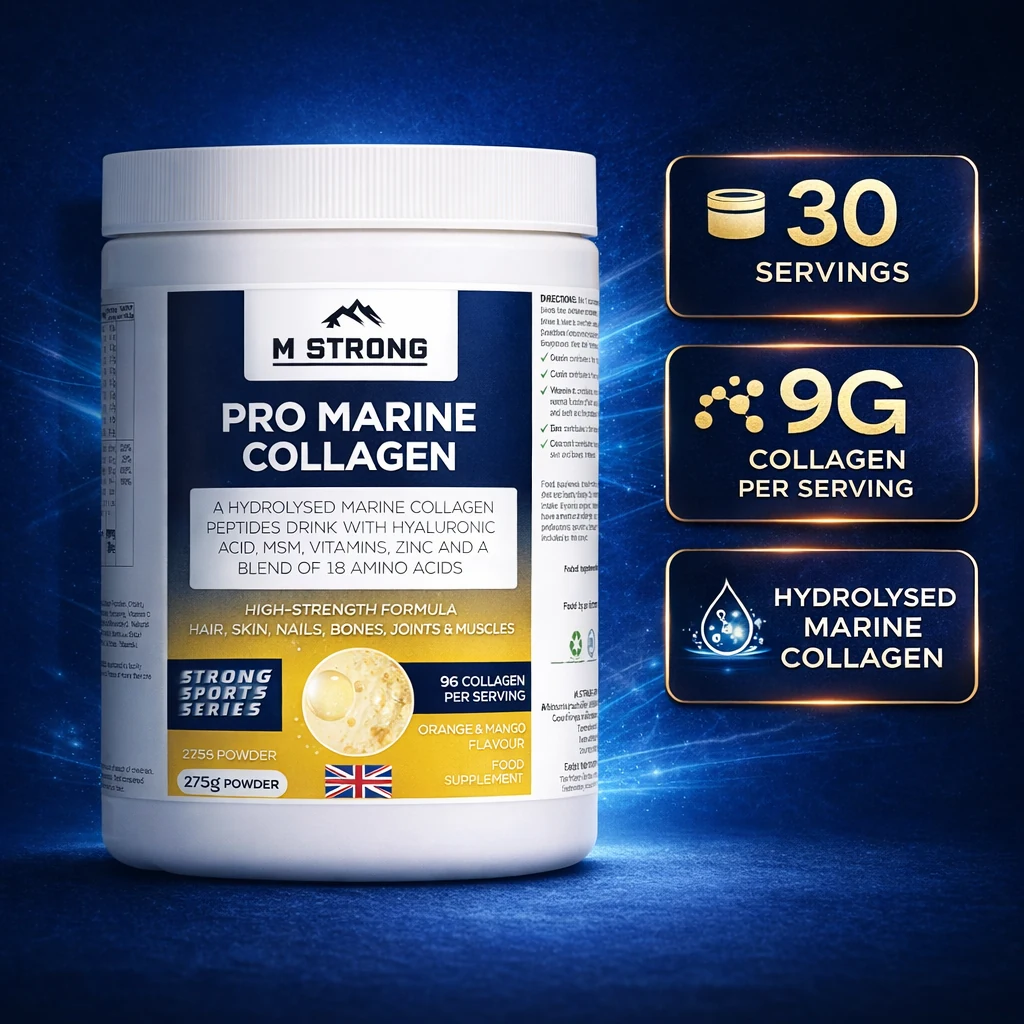 M Strong Pro Marine Collagen supplement tub, 30 servings, providing 9g hydrolysed marine collagen per serving, Orange & Mango flavour.”