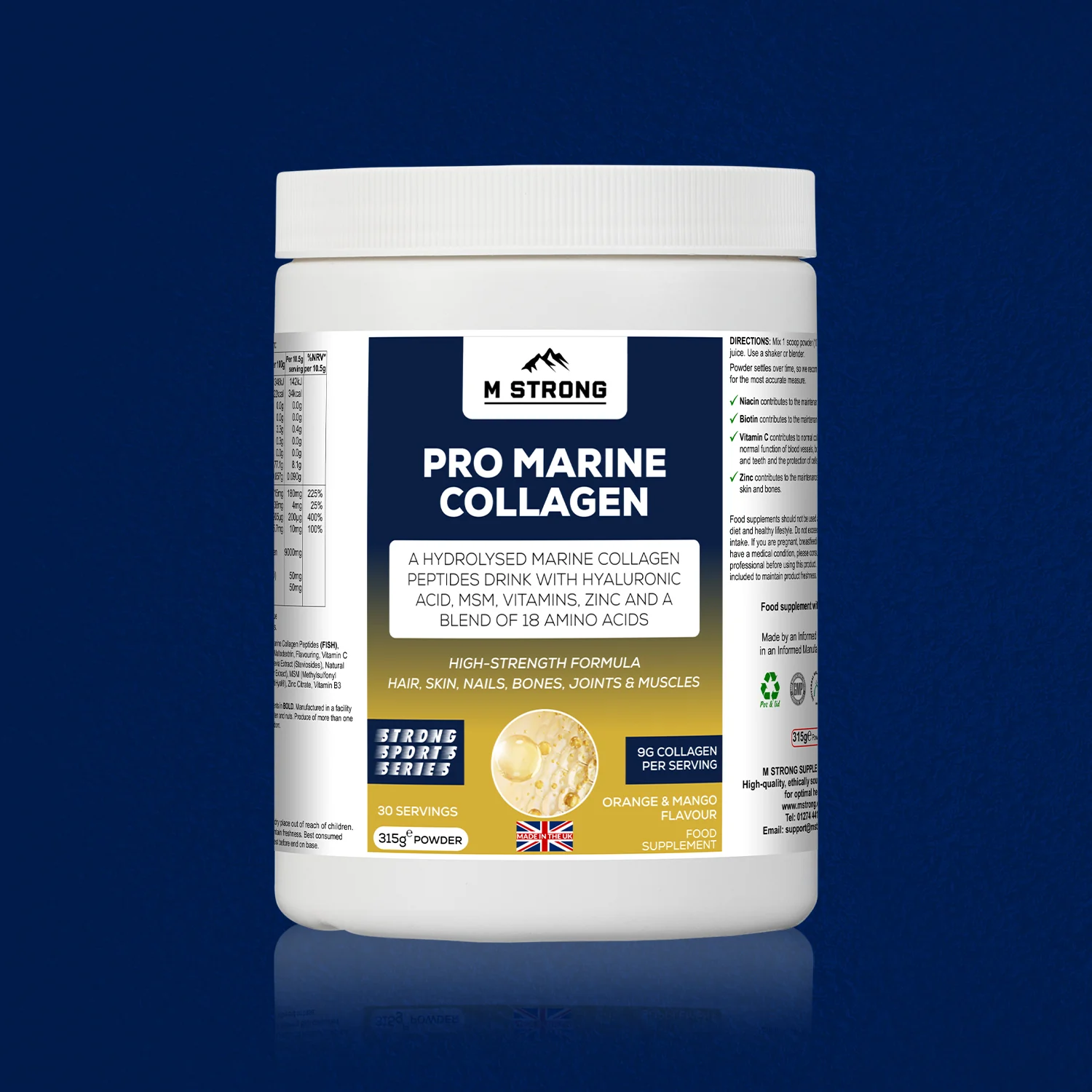 M Strong Pro Marine Collagen supplement hero image, premium marine collagen powder in a tub, GMP-manufactured and made in the UK