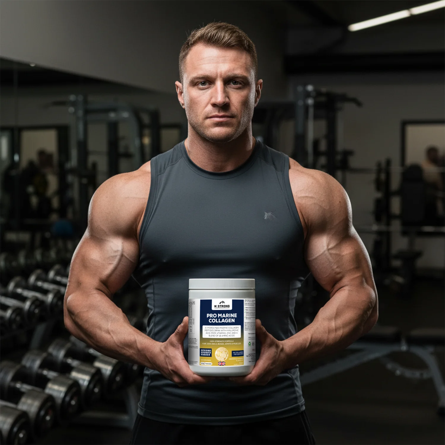 M STRONG PRO MARINE COLLAGEN showing bodybuilder holding collagen pot in both hands.