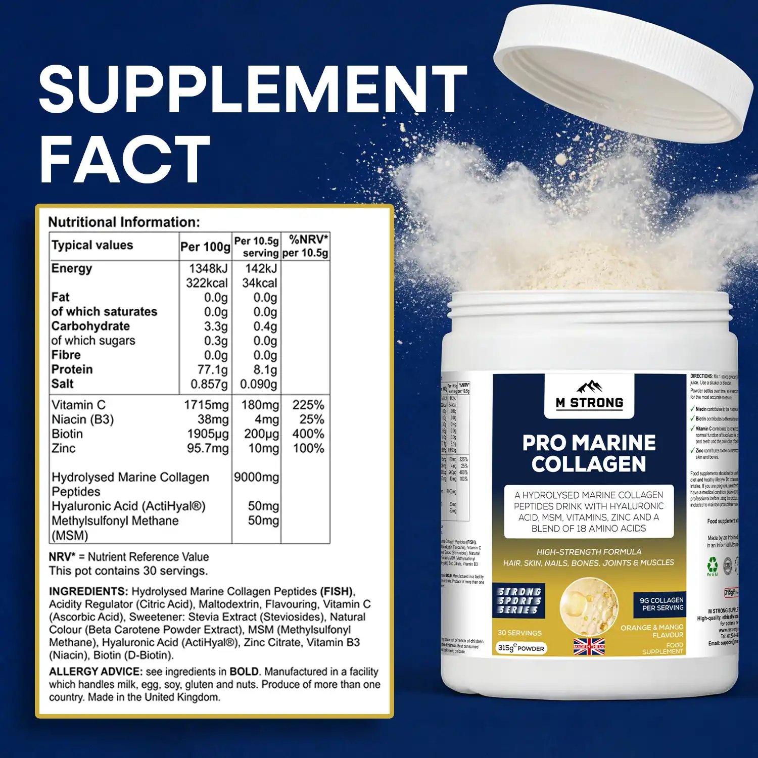 M STRONG Pro Marine Collagen pot showing label with hydrolysed marine collagen, hyaluronic acid, MSM and vitamin C