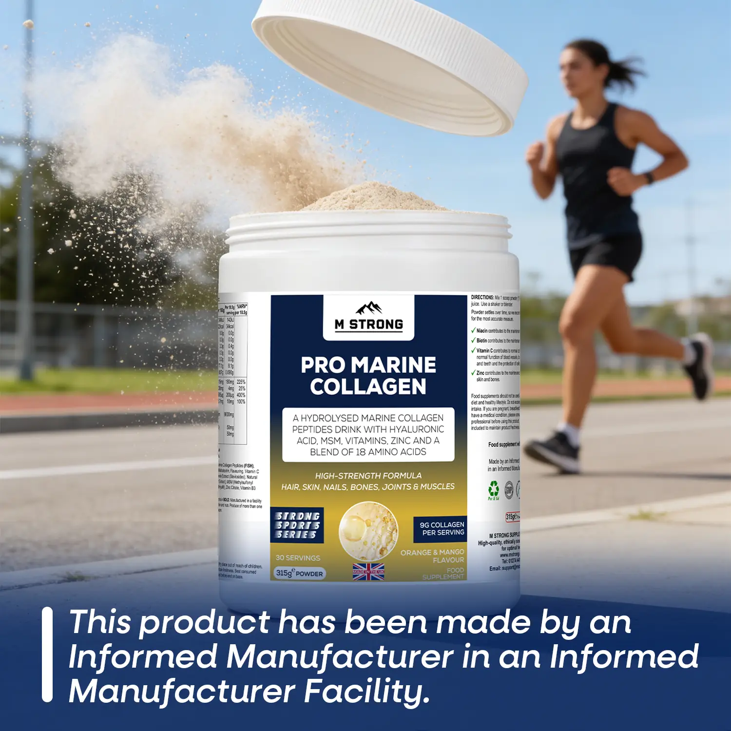 m strong pro marine collagen showing women athlete running on the running track