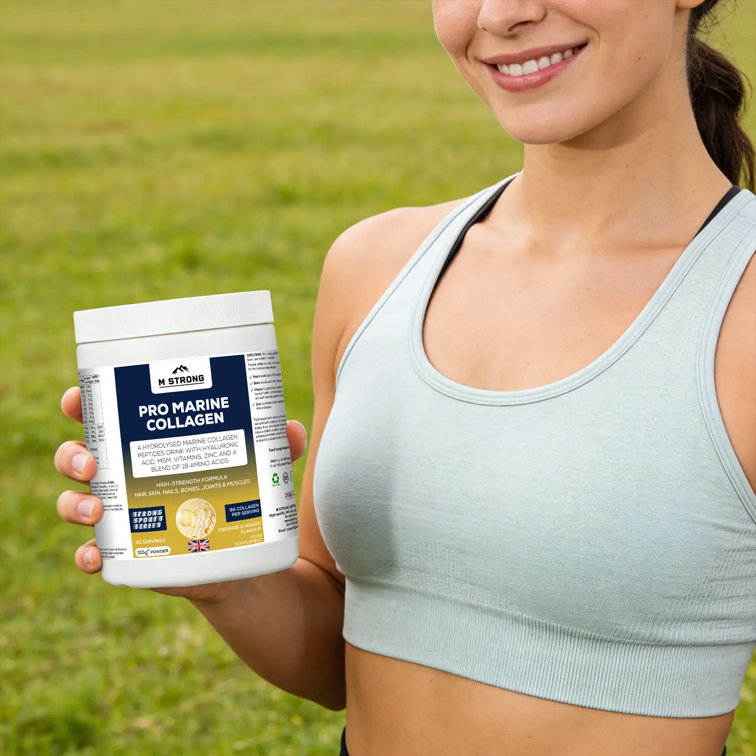Strong pro marine collagen peptide for muscles and joints. Image: woman holding collagen.