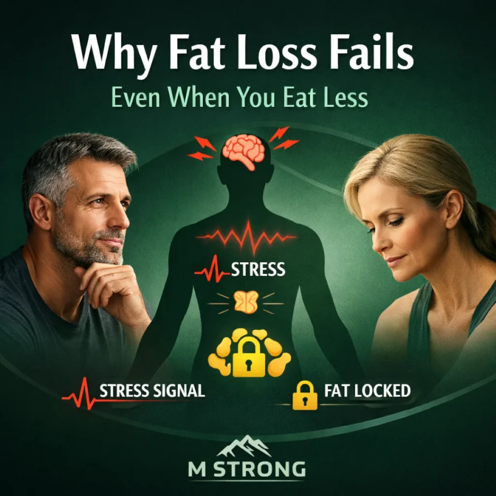 Visual explanation of why calorie restriction fails when stress keeps body fat locked, M STRONG
